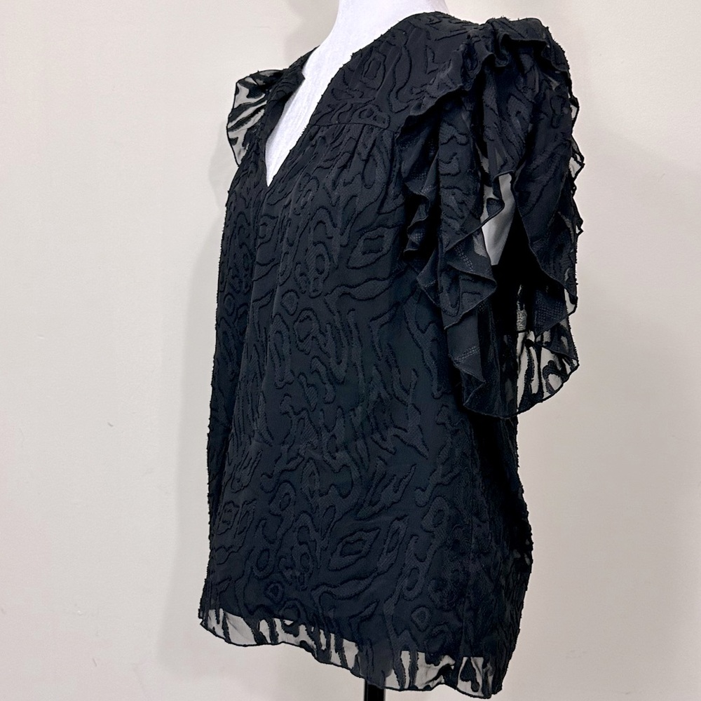 NWOT Anna Cate Black w Lace Overlay Ruffle Sleeves V-Neck Collar Pullover Top M - Picture 3 of 14